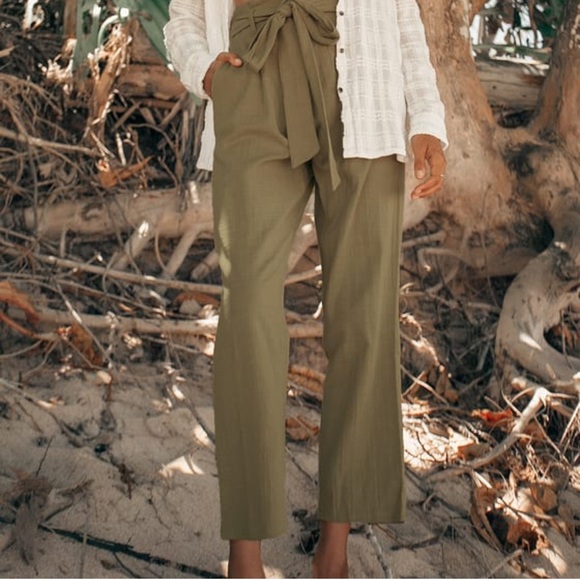 Billabong Pants - Billabong Cotton Green Cropped Paper-Bag Waist Pants